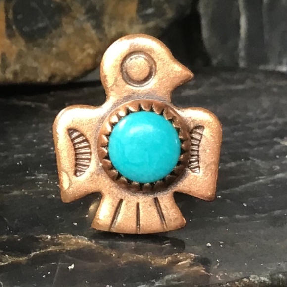 Vintage Copper Turquoise Earrings Thunderbird Southwest Style Pierced - Picture 6 of 12